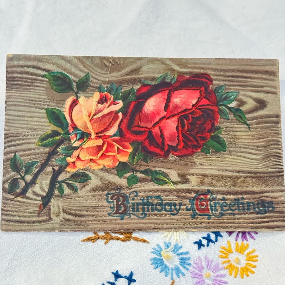 Antique Embossed Roses Birthday Postcard Woodgrain 1910 Posted Germany Ephemera